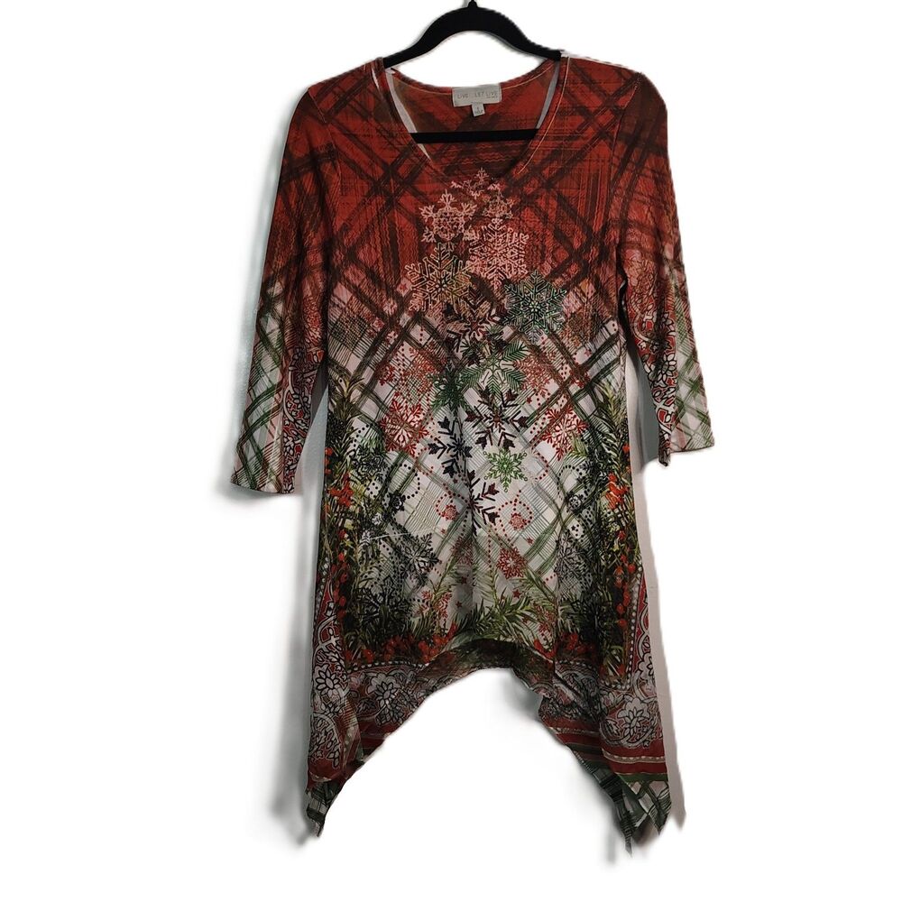 LIVE & LET LIVE Boho Christmas Holiday Tunic Small Women Snowflake Blouse Shirt